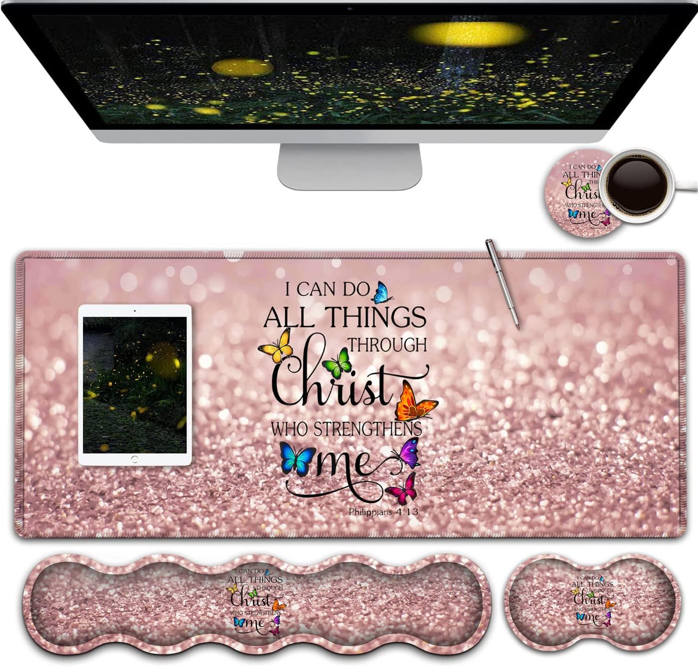 Large Gaming Mouse Pad,Extended Office Desk Mat,Waterproof Desk Writing Pad for Home Ergonomic Mouse &Keyboard Wrist Rest,Philippians 4:13 Bible Glitter Laptop Desk Pad Pink Mousepad Wrist Support