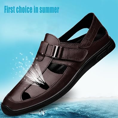 KNEGSMHG Men's Genuine Leather Hollow-Out Business Sandals,Adjustable Closed Toe Flat Fisherman Shoes,Summer Outdoor Casual Anti-Slip Beach Sandals
