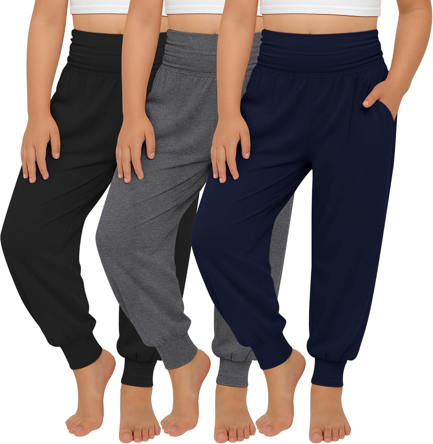 3 Pack Girls' Lounge Yoga Pants with Pockets High Waisted Joggers Workout Running Sweatpants Kids Athletic Bottoms