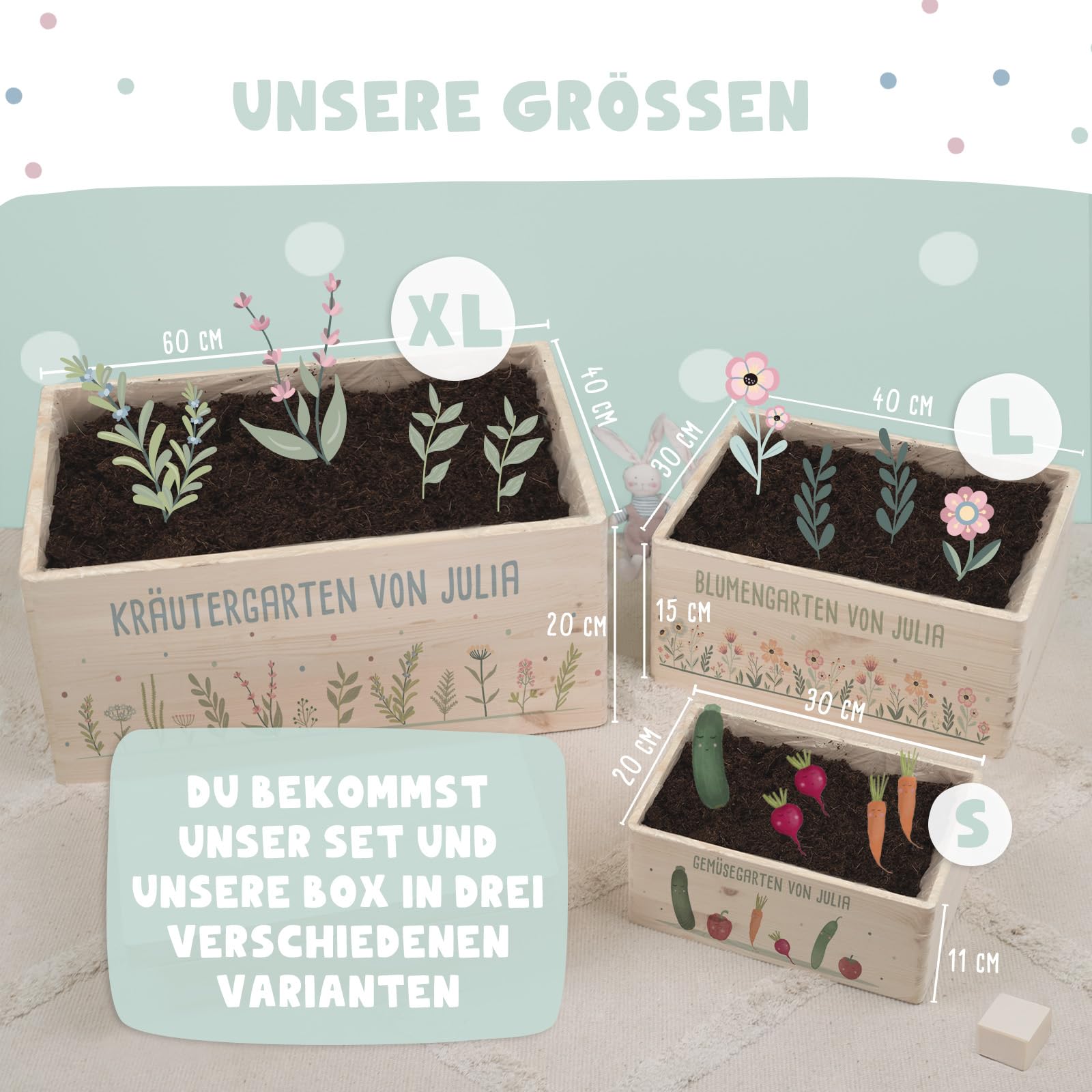 Personalisiertes Saatgut Anzuchtset für Kinder, Mini Gärtner Starter Kit, Garten Holzkiste, Gemüsegarten für Kinder, Kräutergarten, Blumengarten (Kräutergarten, L (40x30x14cm))
