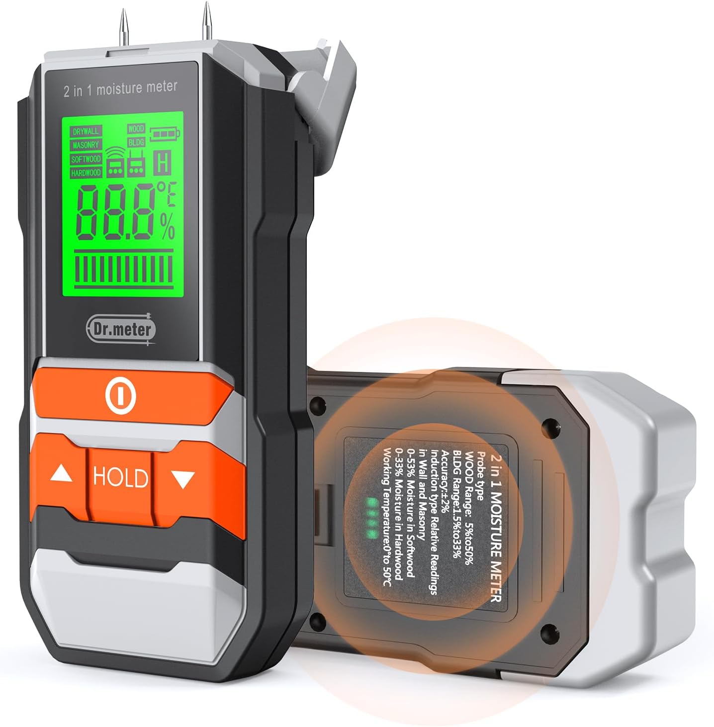 Dr.meter Pinless Moisture Meters, Damp Meter for Walls with Backlit LCD Screen Non-Destructive Damp Meter 4 Mode for Wallboard, Wood, Masonry and Gypsum Boards