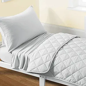 FLXXIE 4 Pieces Toddler Bedding Set, Soft and Breathable Microfiber Crib Sheet Set, Includes Quilted Comforter, Flat Top Sheet, Fitted Sheet, Envelope Pillow Case for Boys and Girls, Light Grey