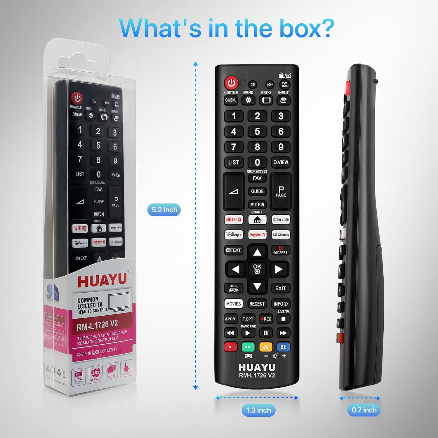 Huayu Universal Remote Control packaging and dimensions