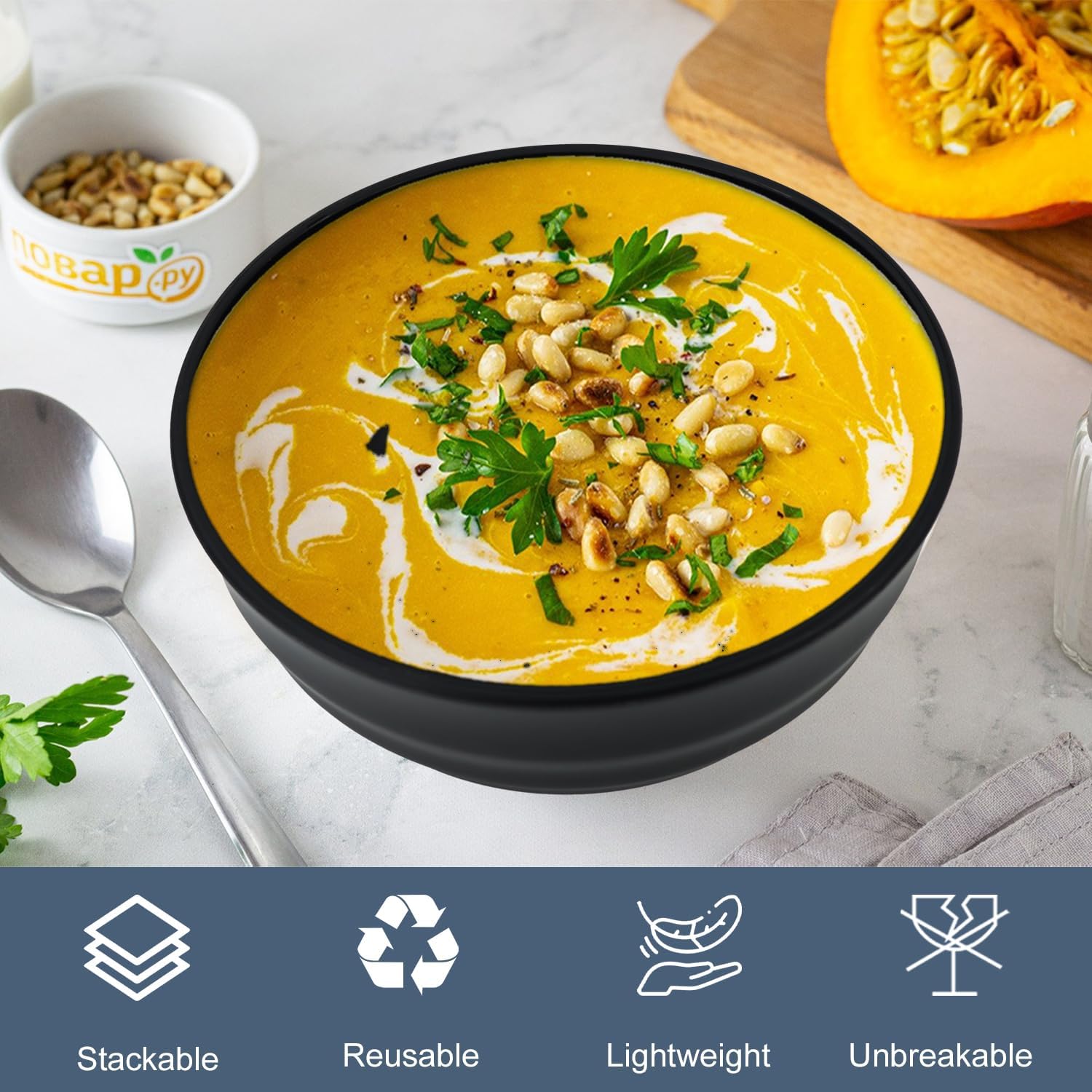 Wheat Straw Bowls Unbreakable Large Salad Bowls 60 OZ Set of 6, Microwave and Dishwasher Safe Large Plastic Bowl, Big Bowl for Eating, Serving Soup, Ramen, Popcorn (Black) - Image 4