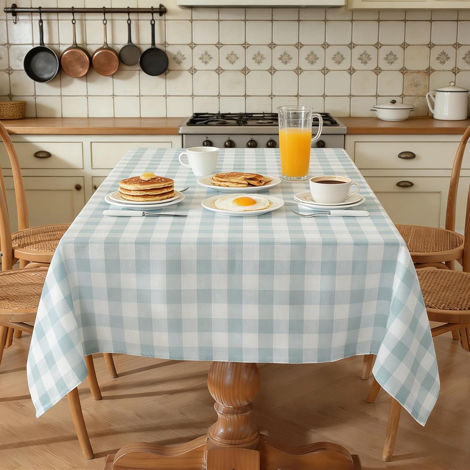 Checkered Tablecloth Rectangle Washable Buffalo Plaid Table Cloth Cotton Linen Gingham Table Cover for Picnic Kitchen Dining Room, Blue Green and White, 55 * 55