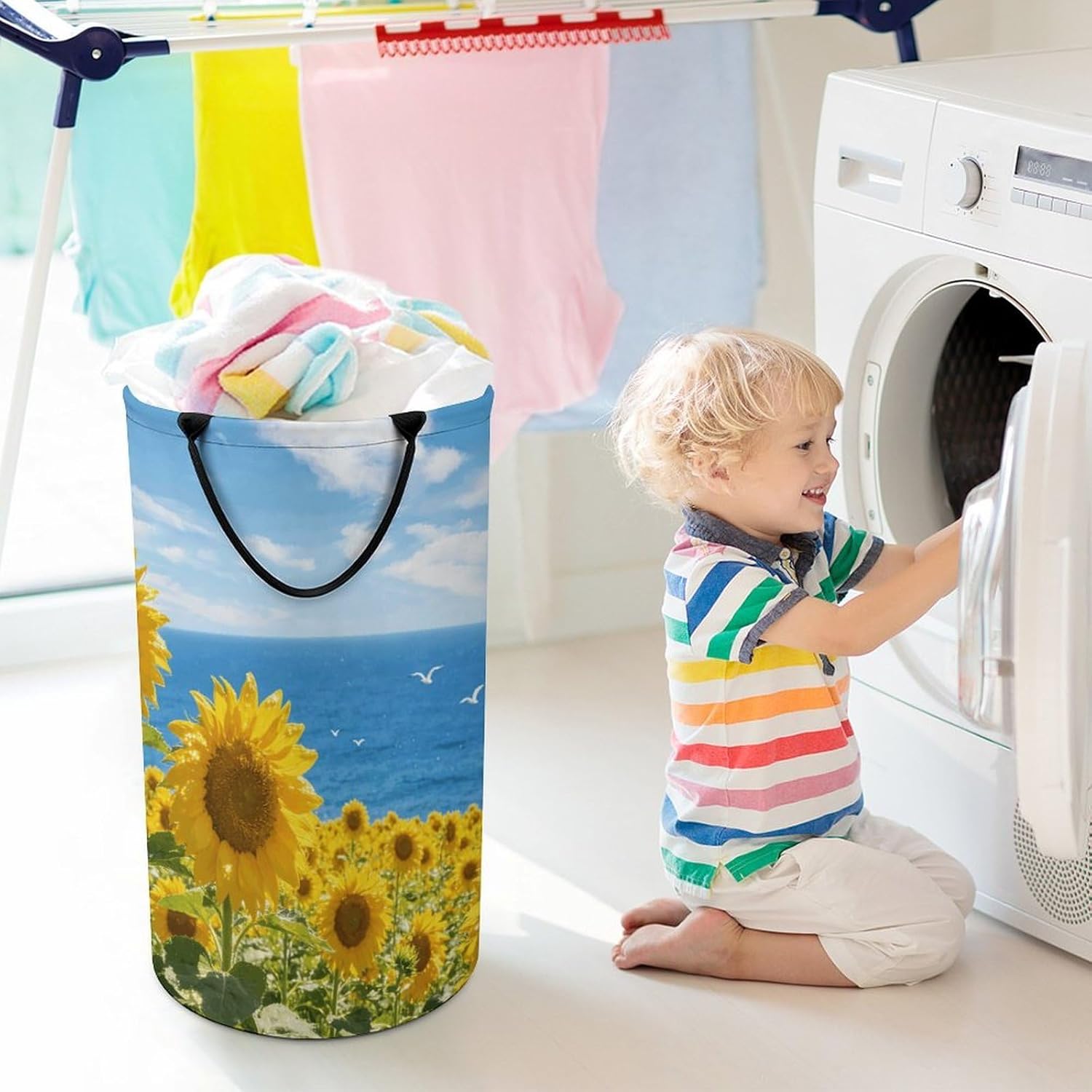 Yellow Blue Laundry Hamper with Handles Waterproof Collapsible Laundry Basket Large Lightweight Round Dirty Clothes Hamper for Home Dorm Bathroom Decor