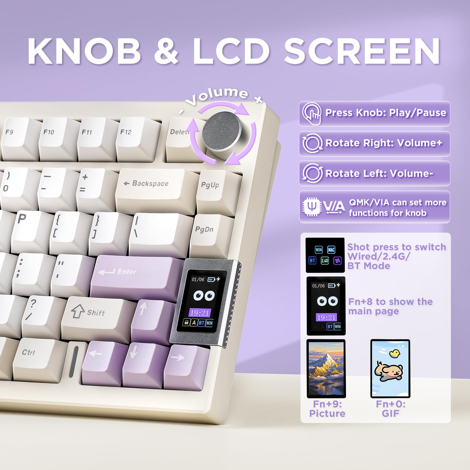 YUNZII AL80 Teclado Mecánico Inalámbrico 75% con Pantalla LCD Inteligente, Aluminio CNC, Montaje Gasket, Hot-Swap, Mando Rotatorio, BT/2.4G/USB-C, QMK/Via para Windows y Mac (Beige, Zero Linear)