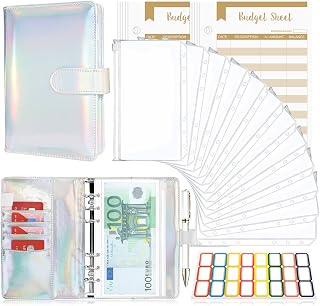 Budget Planner Budget Binder A6, Budgetplaner Geld Organizer mit Weiche Tasche, TAOPE Leder Budget Binder Notizbuch A6 Cash Stuffing, 6 Löcher Budget Planner, Haushaltsbuch mit Geldfächer Laser Silber