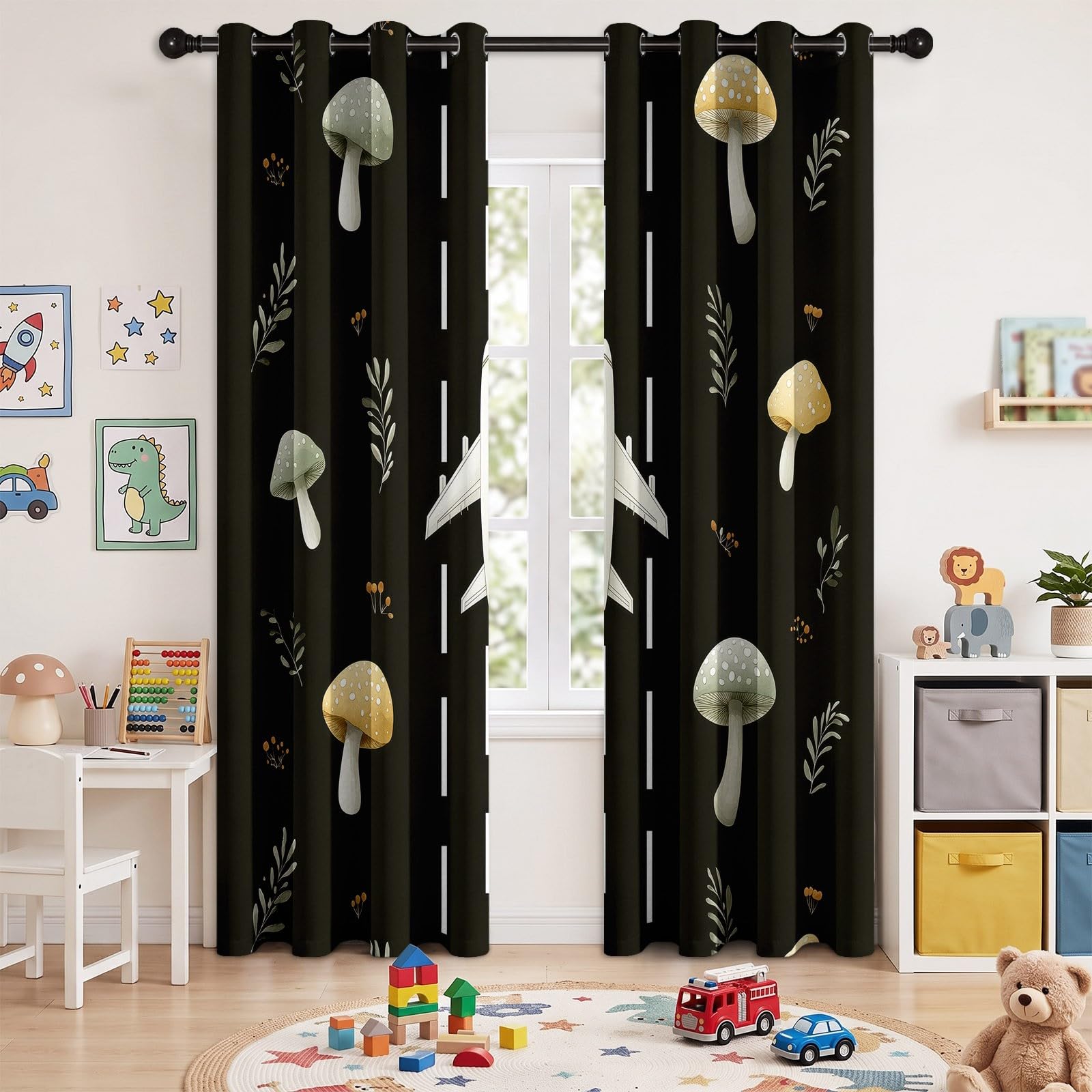 Générique Rideau Style Forêt Fantaisie Opaque 100% Occultant 2 Panneaux 140Lx180H cm, Isolant Thermiques Anti Froid Chaleur, Rideaux Avion Champignon Chambre Enfants Chambre Salon, avec Oeillets