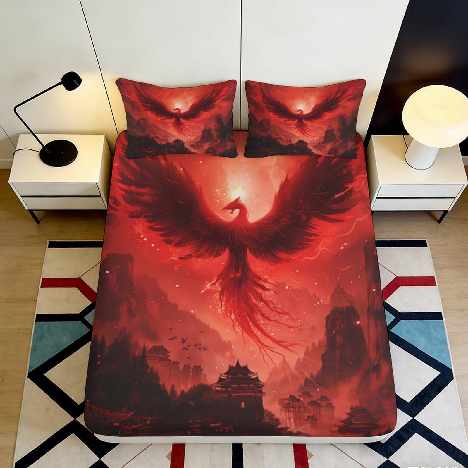3D Printed Phoenix Fitted Sheet Microfiber Elastic Hem Bedroom Bedding Phoenix Mattress Fitted Cover Deep Pocket Washable 140x200x25cm