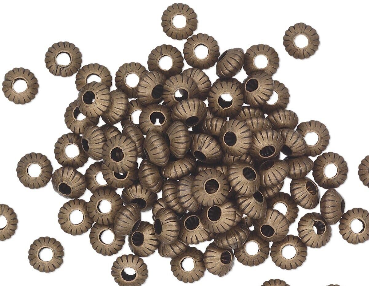 Beads for Jewelry Making, Bracelet, Earring and Necklace 100 Antiqued Gold Plated Brass 5x3mm Corrugated Saucer Beads with 1.2mm Hole `