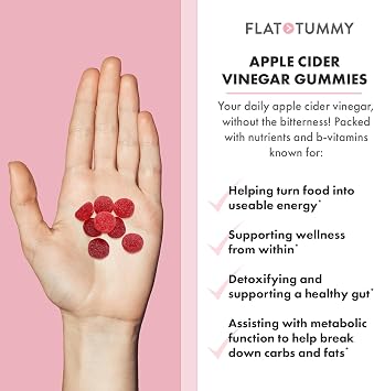Flat Tummy Apple Cider Vinegar Gummies, 60 Count ACV Gummies, Detox, Support Gut Health Vegan-Friendly, Non-GMO - Beet and Pomegranate Superfood Powders, Vitamins B6, B9 & B12