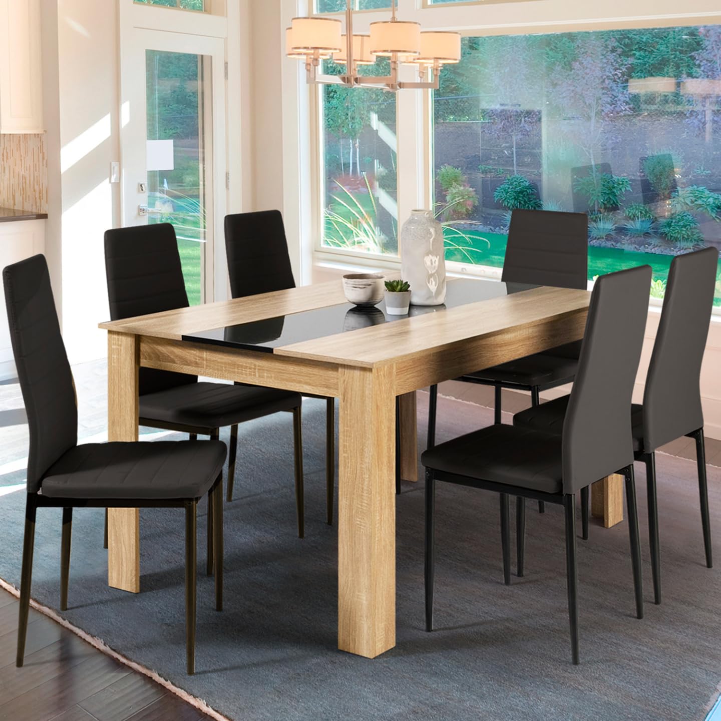 IDMarket - Ensemble Table à Manger Georgia 140 cm Imitation hêtre et Noire et 6 chaises Romane Noires