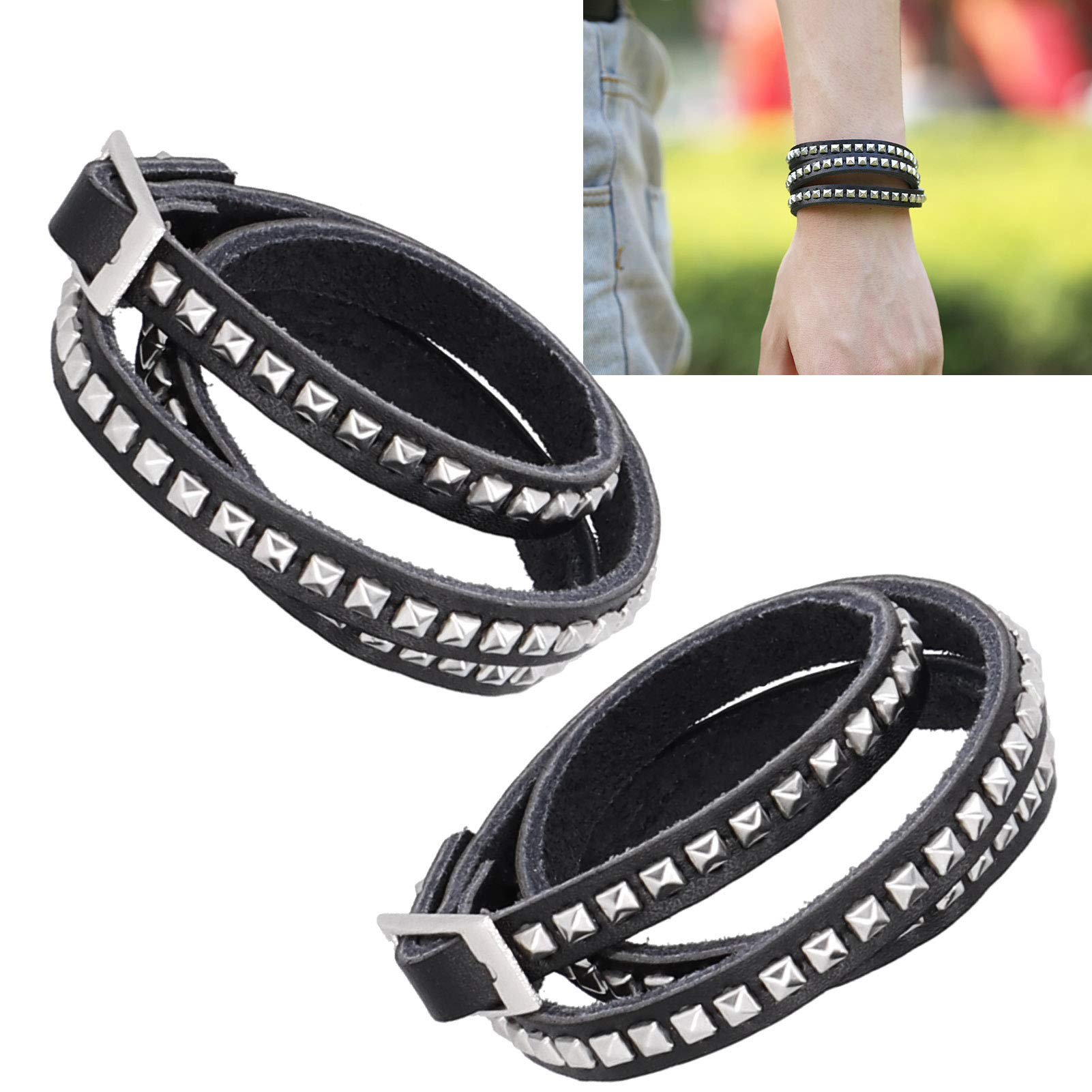 Atyhao Pulsera Punk, 2 Piezas de Pulseras de Cuero con Remaches Ajustables, Pulseras Anchas de Punk Rock, Pulsera de Hip Hop para Hombres, Mujeres