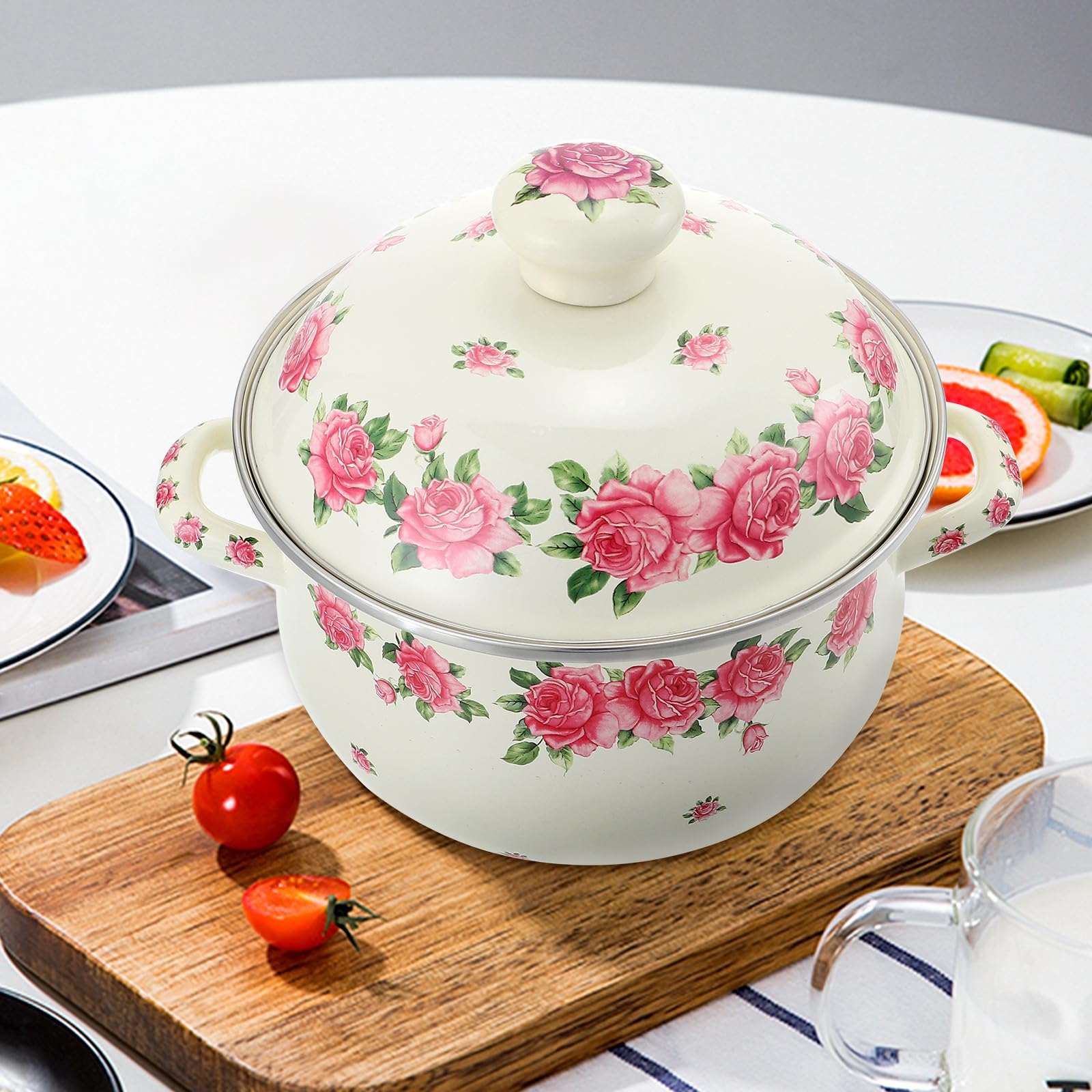 Garneck Emaille Schmortopf 20cm mit Doppelgriff und Deckel Antihaftbeschichteter Suppentopf In Rosa mit Rutschfestem Griff Säurebeständiger Hitzebeständiger Kochtopf für Küchenzubehör