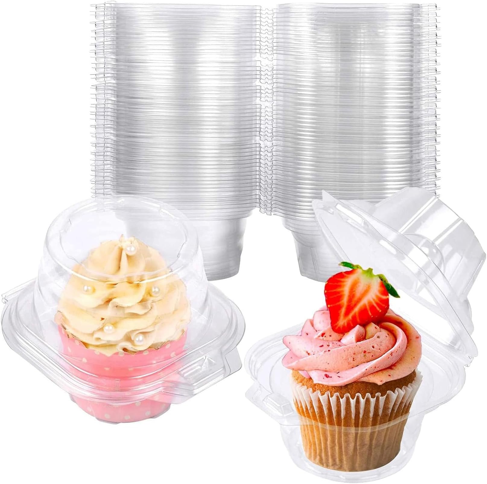 NPLUX 100 Pack Individual Cupcake Containers Plastic Cupcake Boxes Cupcake Holders Stackable Deep Dome Cupcake Carrier