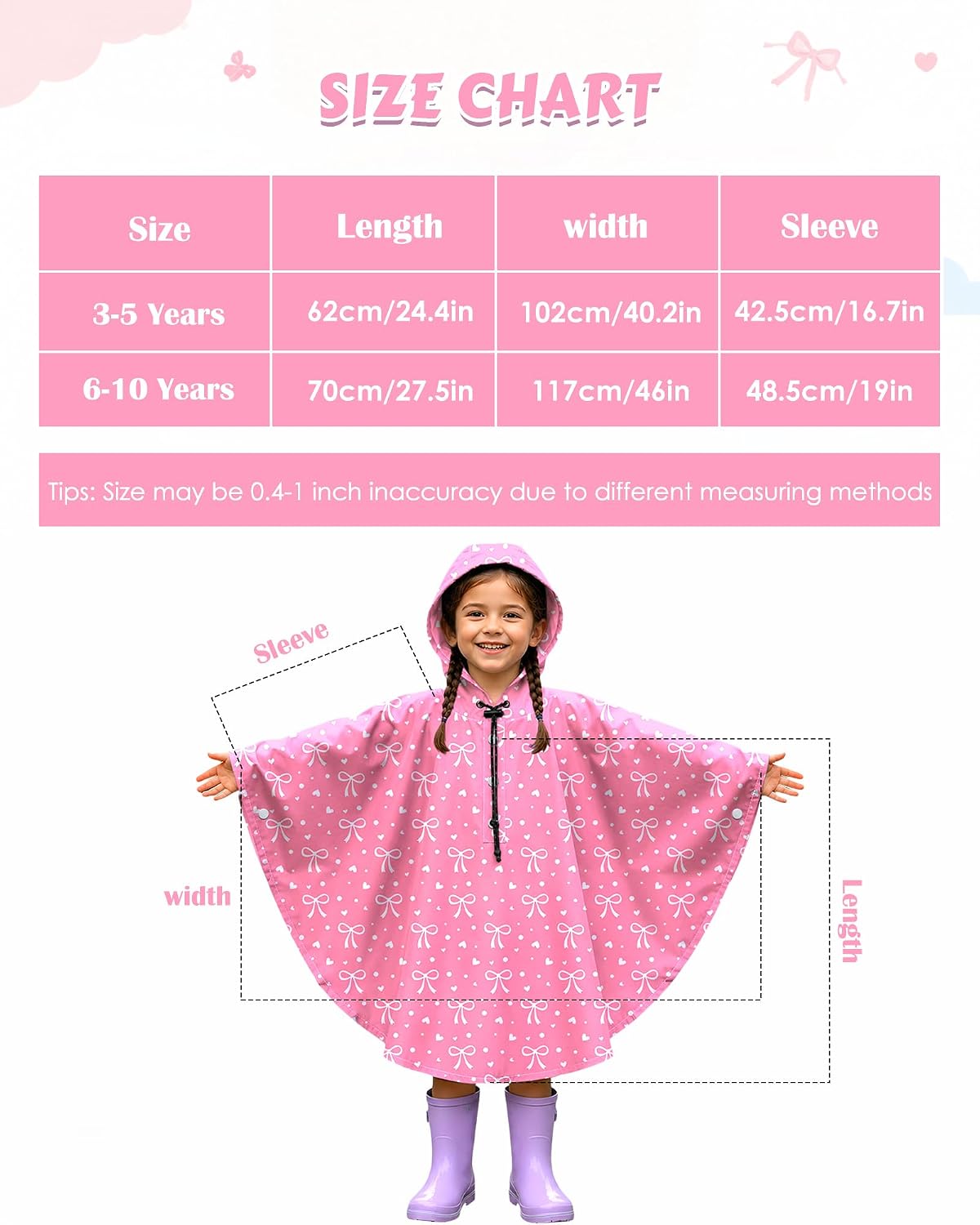 OlyPegic Kids Rain Poncho with Hooded Girls Poncho Reusable Waterproof Lightweight Ponchos Kids Raincoat Outwear Bow