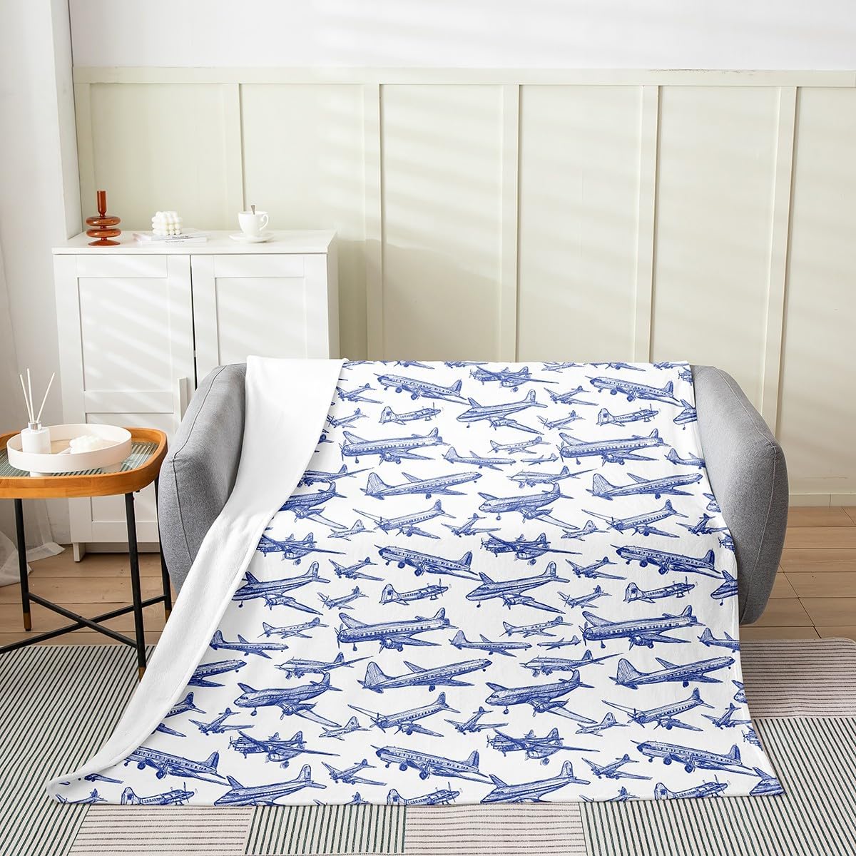 Kids Boys Airplane Fleece Throw Blanket Soft Cozy,Vintage Aircraft Sketch Painting Flannel Blanket for Kids Women Adults,Blue White Jet Plane Fuzzy Blanket for Sofa Bed Couch(60x80 Inch)