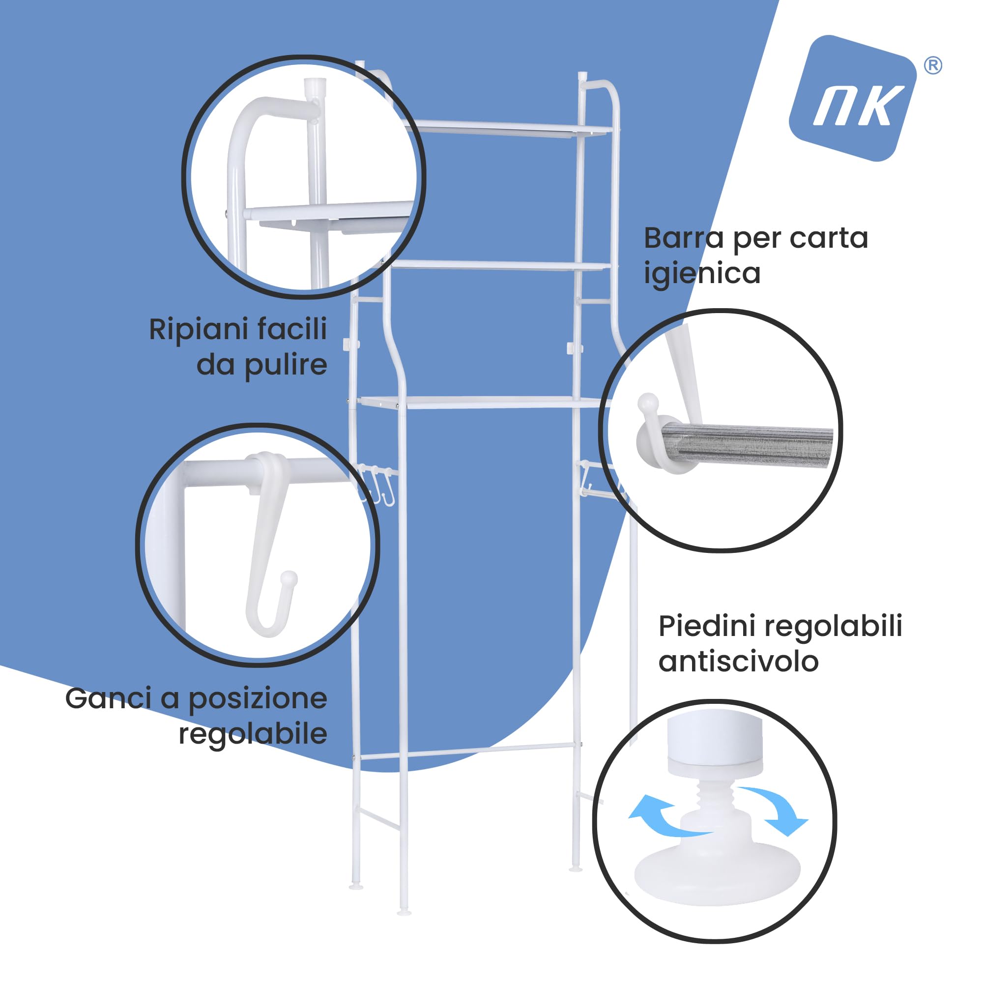 NK Scaffale Da Bagno Sopra WC – 153×47×26 Cm, 3 Ripiani Superiori, Portarotolo, 3 Ganci, Piedini Antiscivolo, Ferro + PP, Bianco, Montaggio Facile