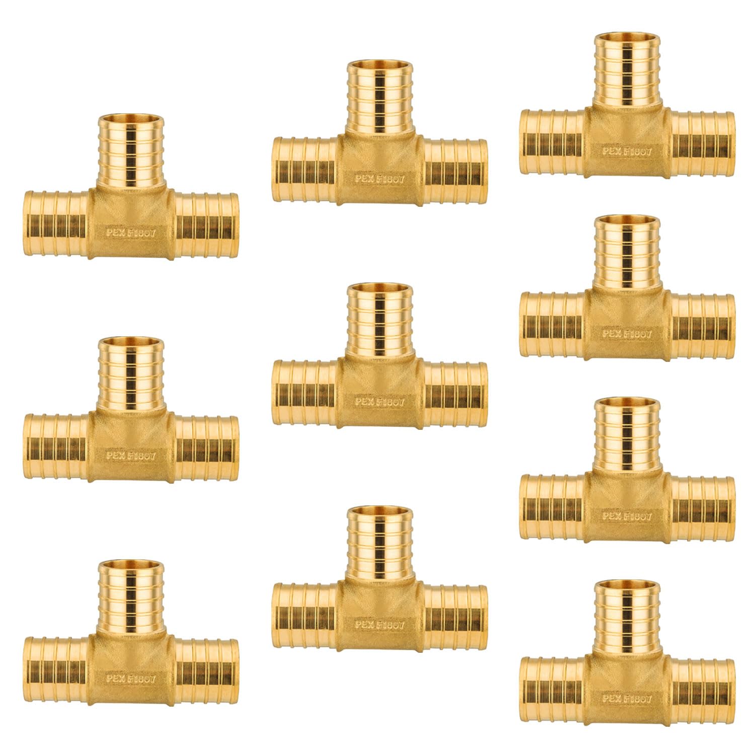 10-pak EFIELD Barb Crimp Pex 2,5 cm x 2,5 cm x 2,5 cm Tee mosiężne złączki do rur Pex/przyłącza rur, ASTM F1807