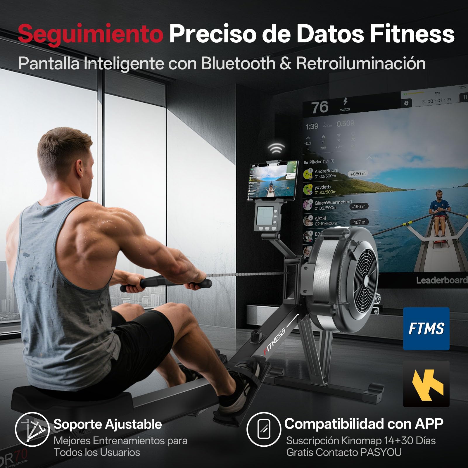 PASYOU Máquina de Remo- Maquina Remo Plegable con Resistencia de Aire, 10 Niveles de Resistencia, Monitor con Lluminación Trasera Bluetooth, Dispositivos de Ángulo Ajustable, Carga de 150KG