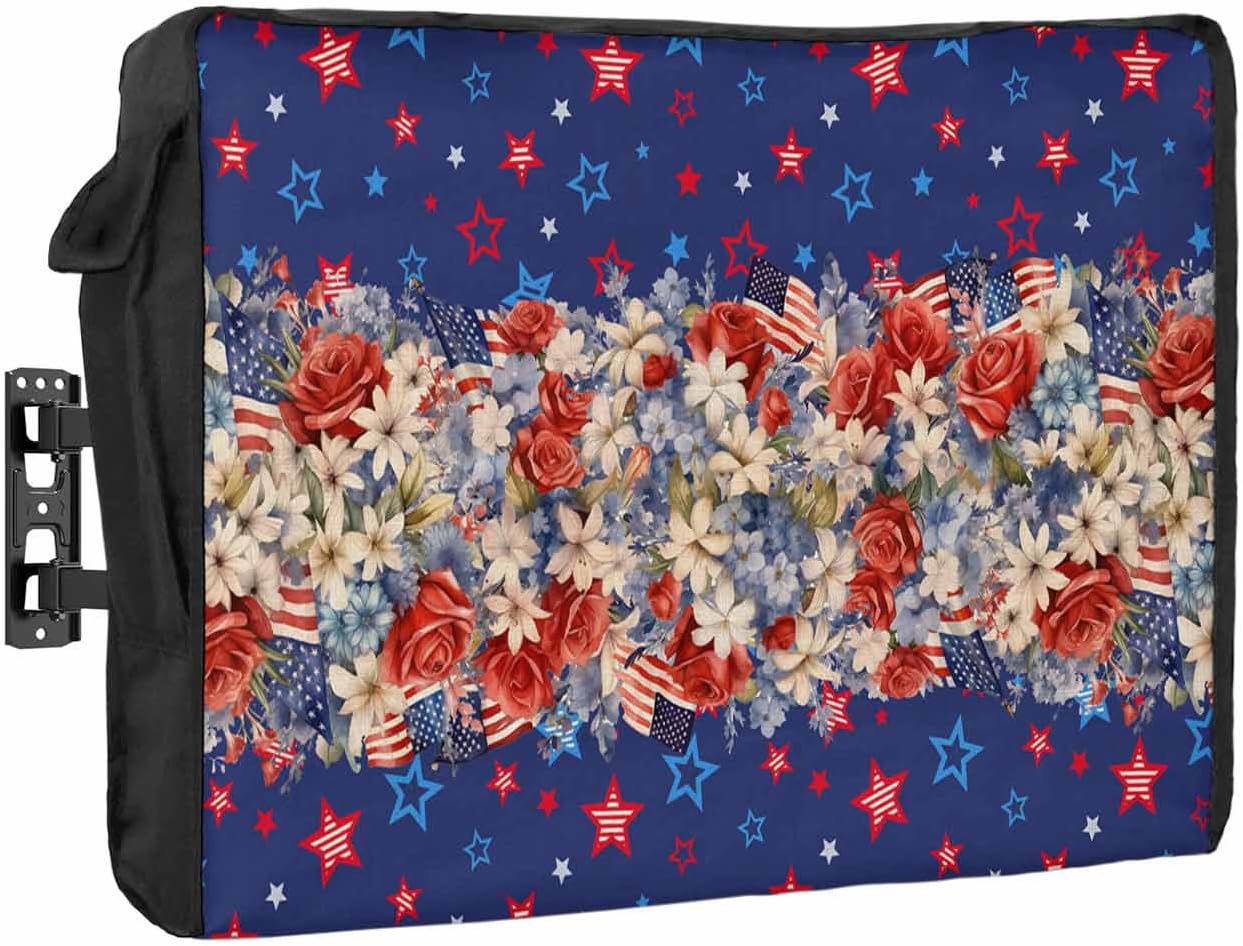 4th of July Outdoor TV Cover 75 Inch American Flag Flower TV Enclosure Independence Day Patriotic Memorial Liberty TV Covers for Outside TV Display Screen Protector with Remote Control Pocket