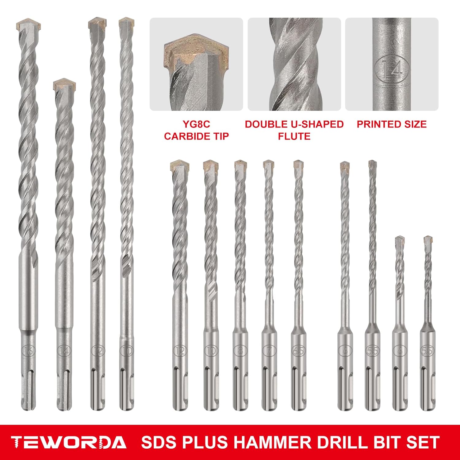 SDS Drill Bits Set-17pcs Rotary Hammer Drill Bits and Chisel Set for Impact Rotary Hammer Drill Attachments,SDS Plus Carbide-Tipped Concrete Masonry Drill Bits and Chisels for Stone, Brick, Cement