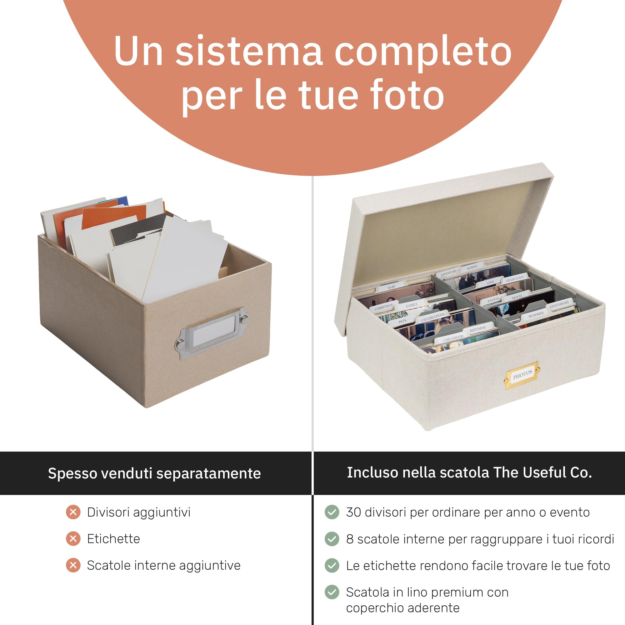 UCO Scatola Foto Ricordi Con Coperchio, 8 Scomparti, 30 Divisori, Beige