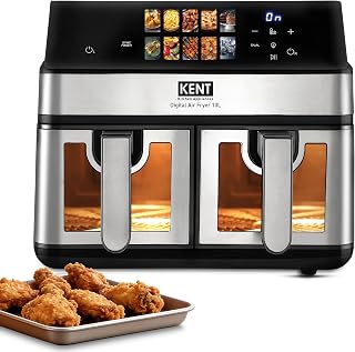 KENT Digital Air Fryer 10L| 2000W | Up to 80% Less Oil Usage | 10 Preset Menu |Digital Display & Touch Control Panel |Glass Window with in built Light | Dual Basket for Cooking 2 Dishes Simultaneously
