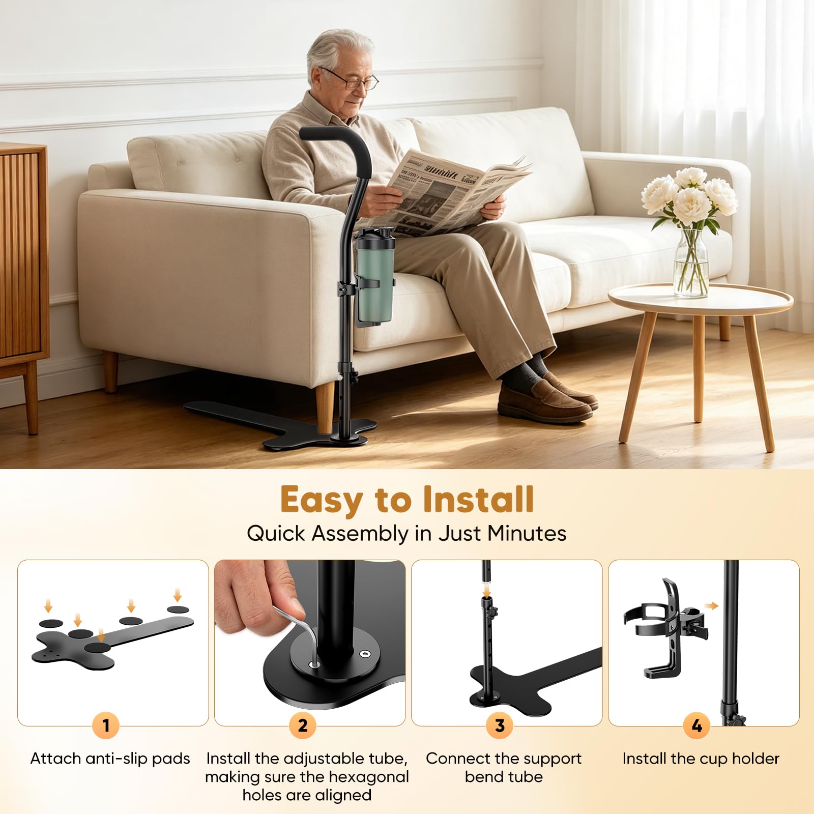 Ayuda para levantarse del sofá para ancianos con portavasos, altura ajustable 6 posiciones (63–89 cm), soporta hasta 181 kg, Ayuda de elevación para sofá, sillón, para ancianos y pacientes