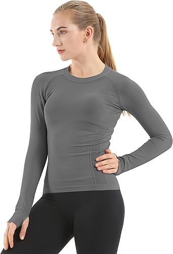 MathCat - Camisetas de entrenamiento sin costuras para mujer, camisetas de yoga de manga larga, camiseta deportiva para correr, camiseta atlética