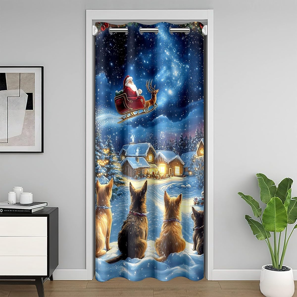 Merry Christmas Doorway Curtain 60"W X 80"L 3D Watercolor Dog Cat Cute Animals Door Curtain Privacy for Kids Teens Adults Santa Claus Dreamy Galaxy Winter Farmhouse Door Drape for Bedroom Closet Door