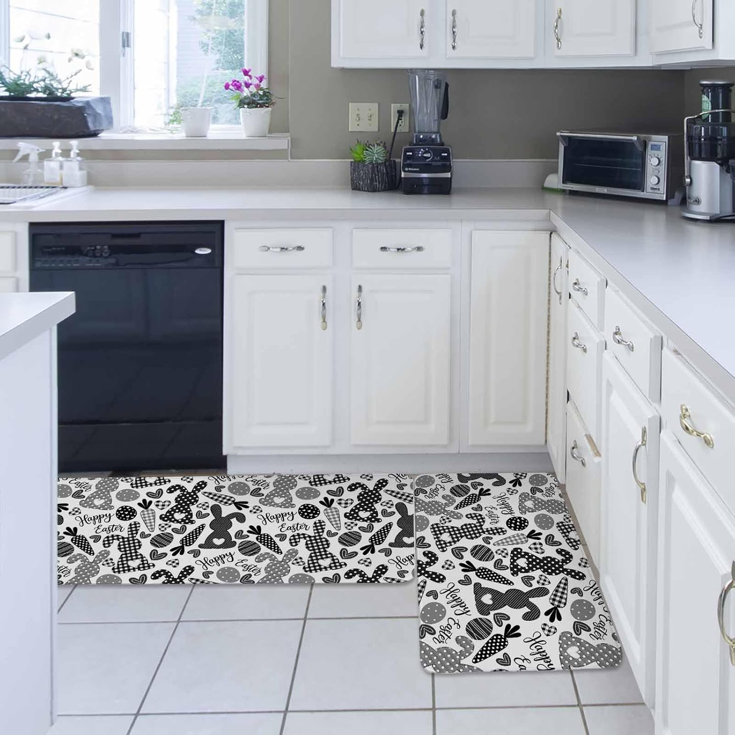 Happy Easter Kitchen Rugs and Mats Set of 2, Non-Slip Kitchen Sink Mat, Rabbits Eggs Carrots Black Gray Plaid Washable Doormat Bathroom Rugs Runner for Bedroom/Living Room 19.7"x31.5"+19.7"x63"