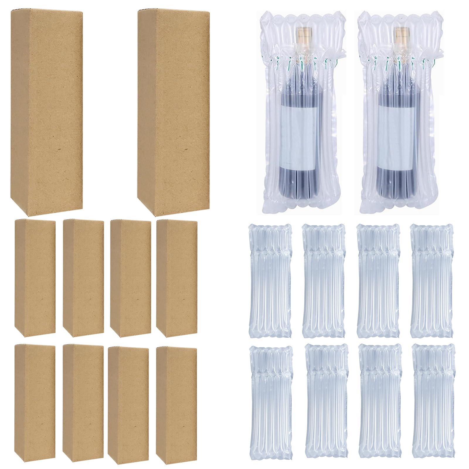 Lot de 10 Protections pour Bouteilles de Vin – 10 Cartons de Transport & 10 Colonnes Gonflables de Protection avec Pompe – Emballage Sécurisé pour Bouteilles de Vin et Objets Fragiles
