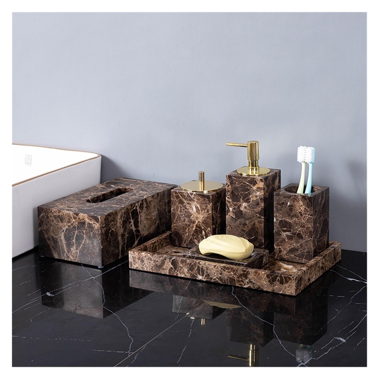 Set Dispensador Jabon Baño Accesorios de baño de mármol natural marrón Dispensador de jabón de mármol de lujo Soporte for cepillo de dientes Juego de bandeja for jabonera for baño(Teacup-Square)