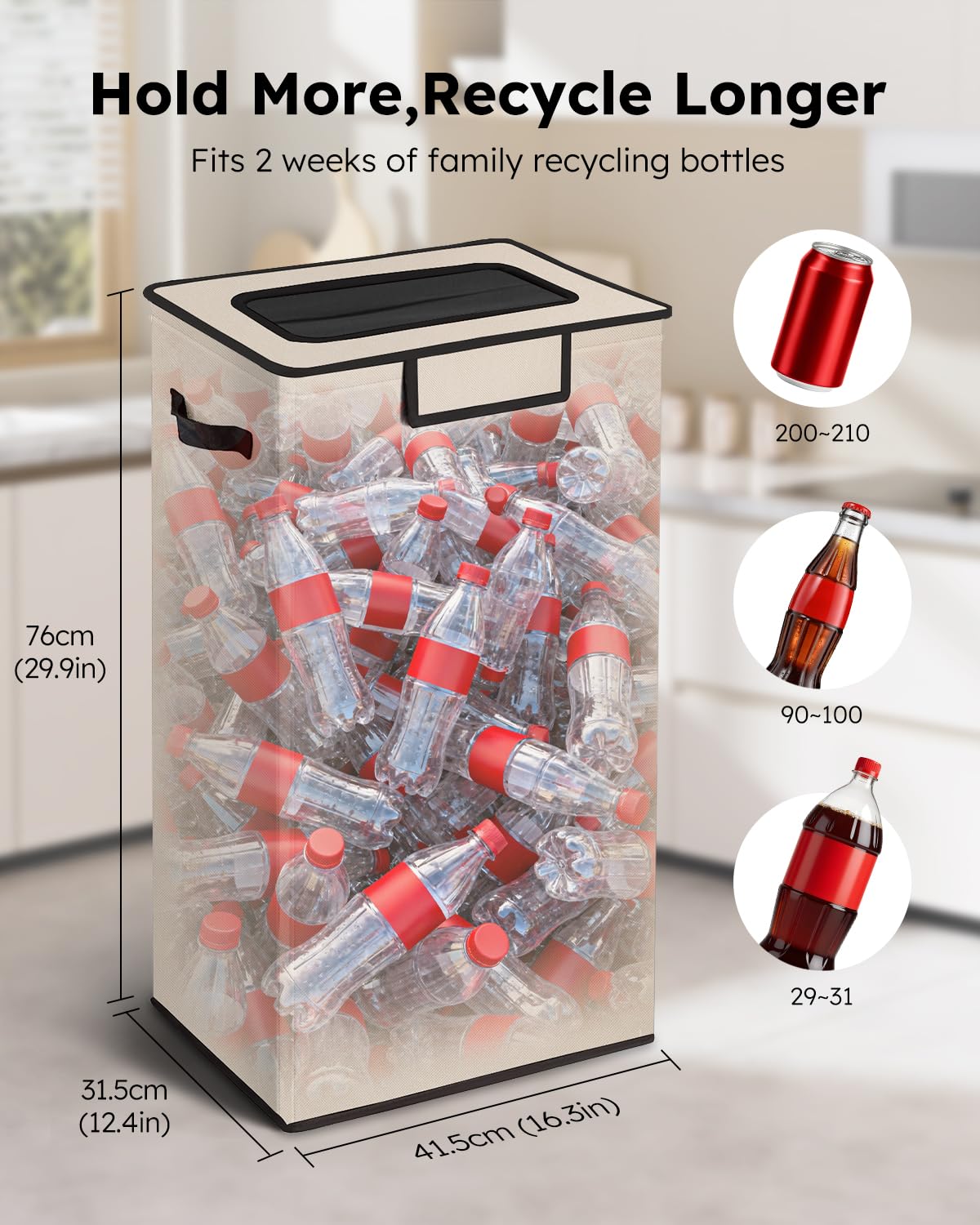 SOLEDI Recycling Bin for Kitchen,26 Gallon Large Recycle Bin with Lid and 2 Removeable Reusable Inner Bags,Indoor Recycling Trash Can for Collector of Bottles Cans, and Plastic,Beige