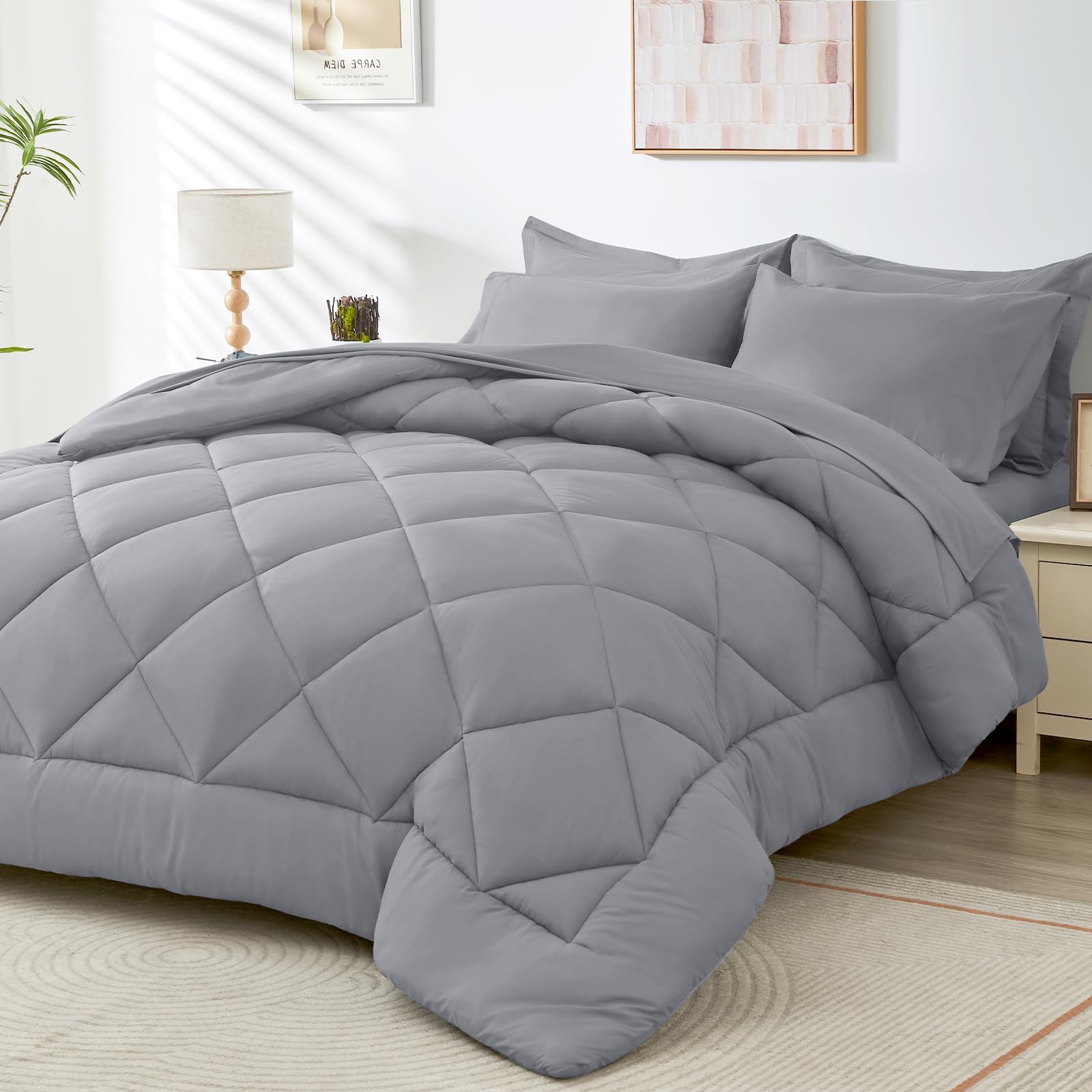 hevumyi 7 pieces queen comforter set, all season reversible bed in a bag queen, ultra soft queen bedding set with grey comforter, flat sheet, fitted sheet, pillowcases, pillow shams, light grey