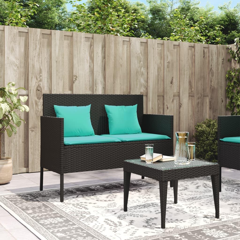 Patio Loveseat Wicker 2-Seat Bench with Blue Cushions, 2-Person Wicker Garden Patio Benches Seating Furniture with Storage Space, Rattan Porch Chairs Bench, Black Poly Rattan