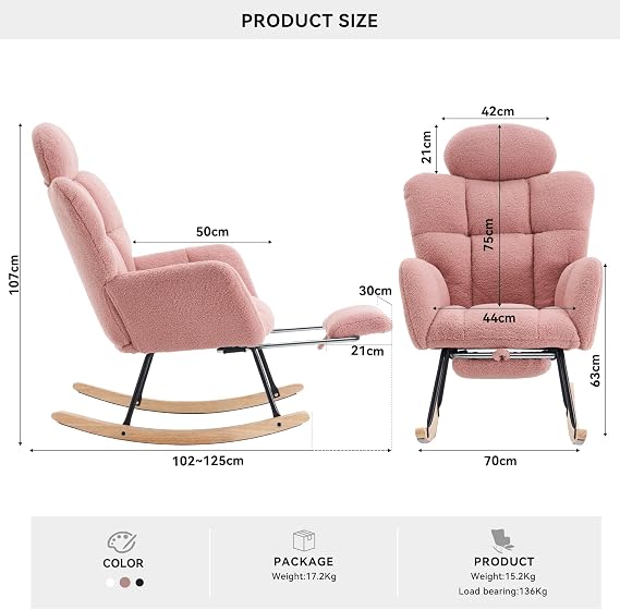 DEKKETO Teddy Nursing Rocking Chair with Footstool and Headrest, Pink | Silent Rocking Motion, Adjustable Headrest, Wooden Armchair for Living Room and Bedroom, 136 kg Capacity