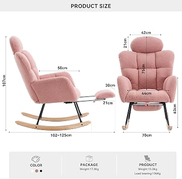 DEKKETO Teddy Nursing Rocking Chair with Footstool and Headrest, Pink | Silent Rocking Motion, Adjustable Headrest, Wooden Armchair for Living Room and Bedroom, 136 kg Capacity