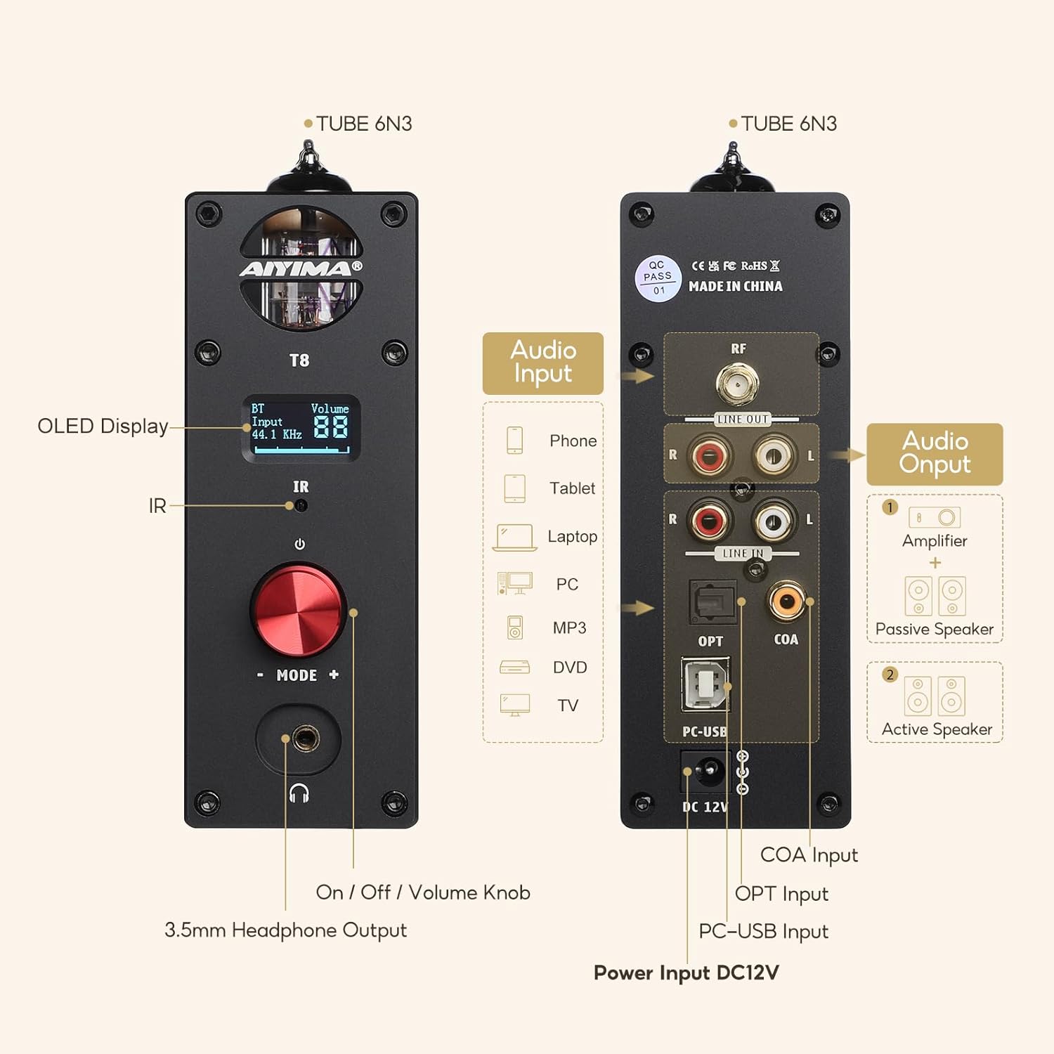 AIYIMA T8 Front and Rear Panel Diagram