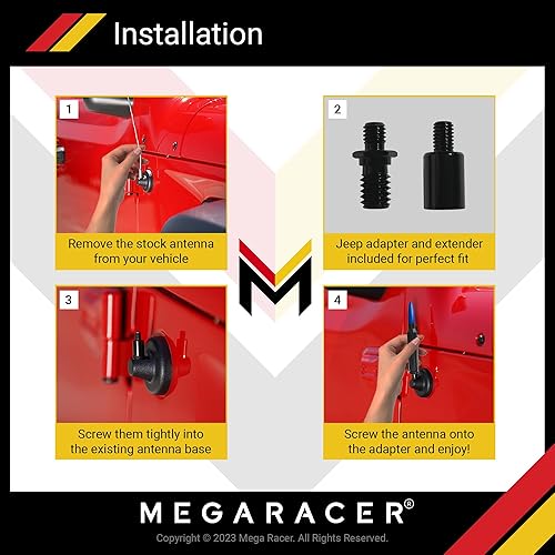 Miniatura 6 de Mega Racer Base negra de 5.5 pulgadas con antena de punta azul - Jeep Wrangler Gladiator 2007-2024 4xe JK JKU JL JLU JT Rubicon Sahara Willys