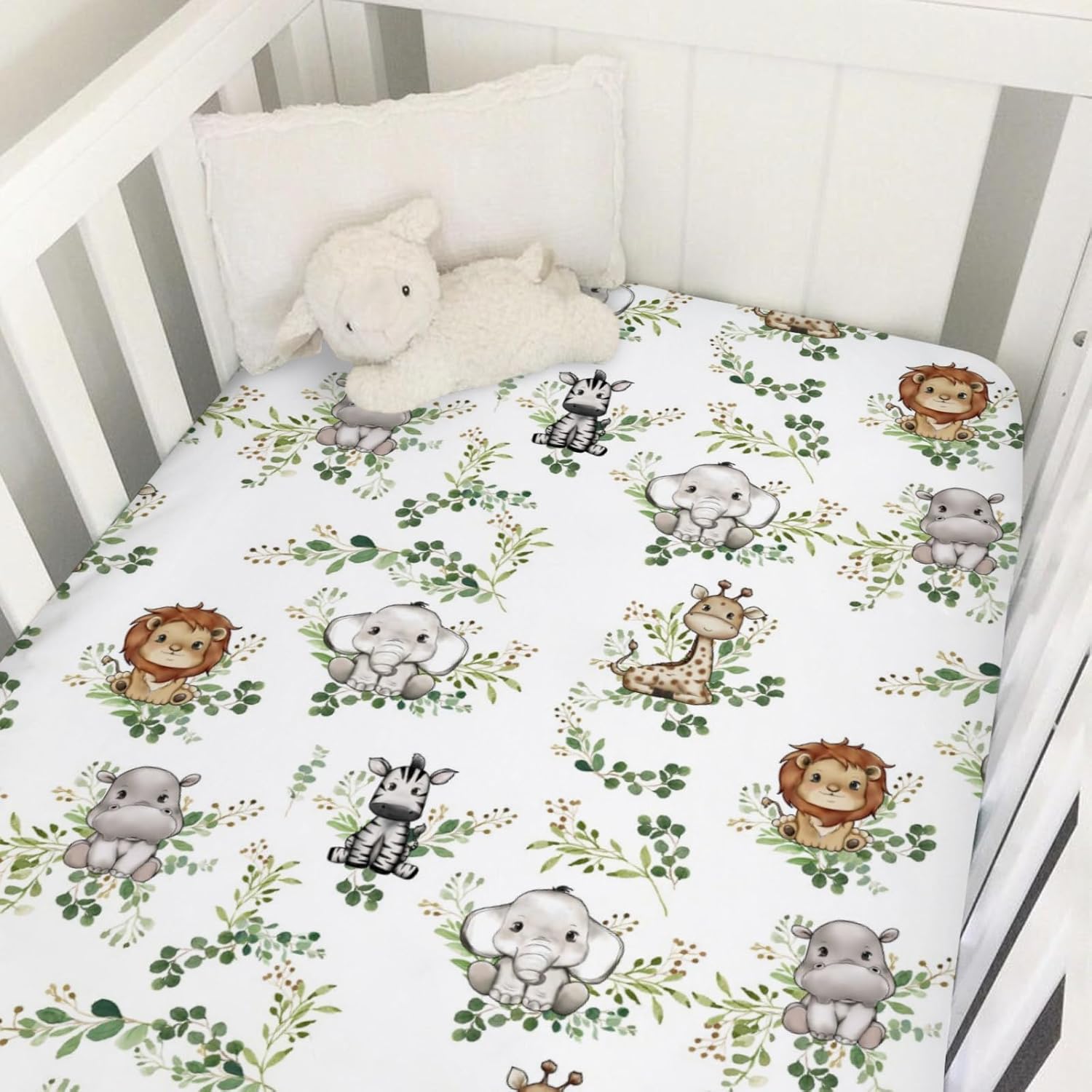 Baby Jungle Safari Animals Green Leaves Crib Fitted Sheet 52''x28'' Lion Hippo Elephant Giraffe Zebra Snug Fitted Crib Mattress Cover for Boy Girl Nursery Bed Sheets for Standard Toddler Mattress