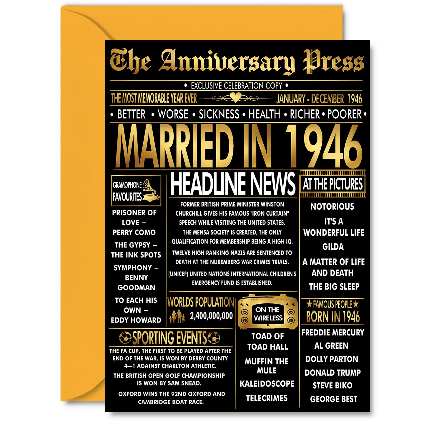 Gold 80th Anniversary Card for Men Women - Golden Newspaper Married in 1946-80 Year Wedding Anniversary Card for Partner Wife Companion Husband, A5 Anniversaries Greeting Cards