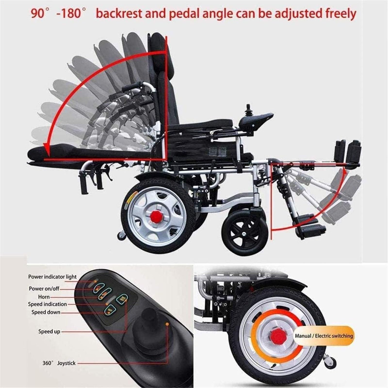 Silla de Ruedas eléctrica, ligera y plegable, silla de movilidad totalmente tumbada, con reposacabezas, respaldo ajustable y accionamiento por joystick a pedales, compacta y resistente, para viajes, a