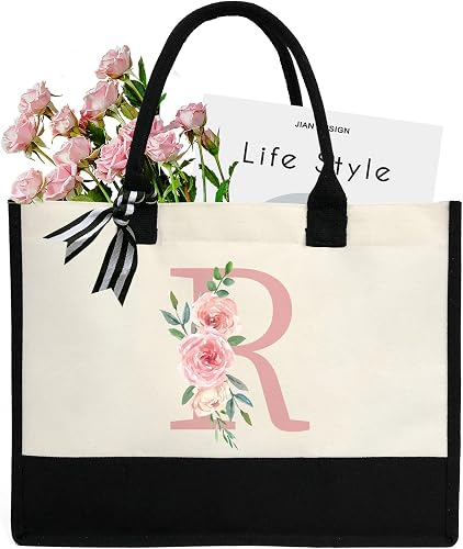 Initial Canvas Tote Bag for Women, Beach Bag with Inner Zipper Pocket Personalized Gifts for Wedding, Birthday