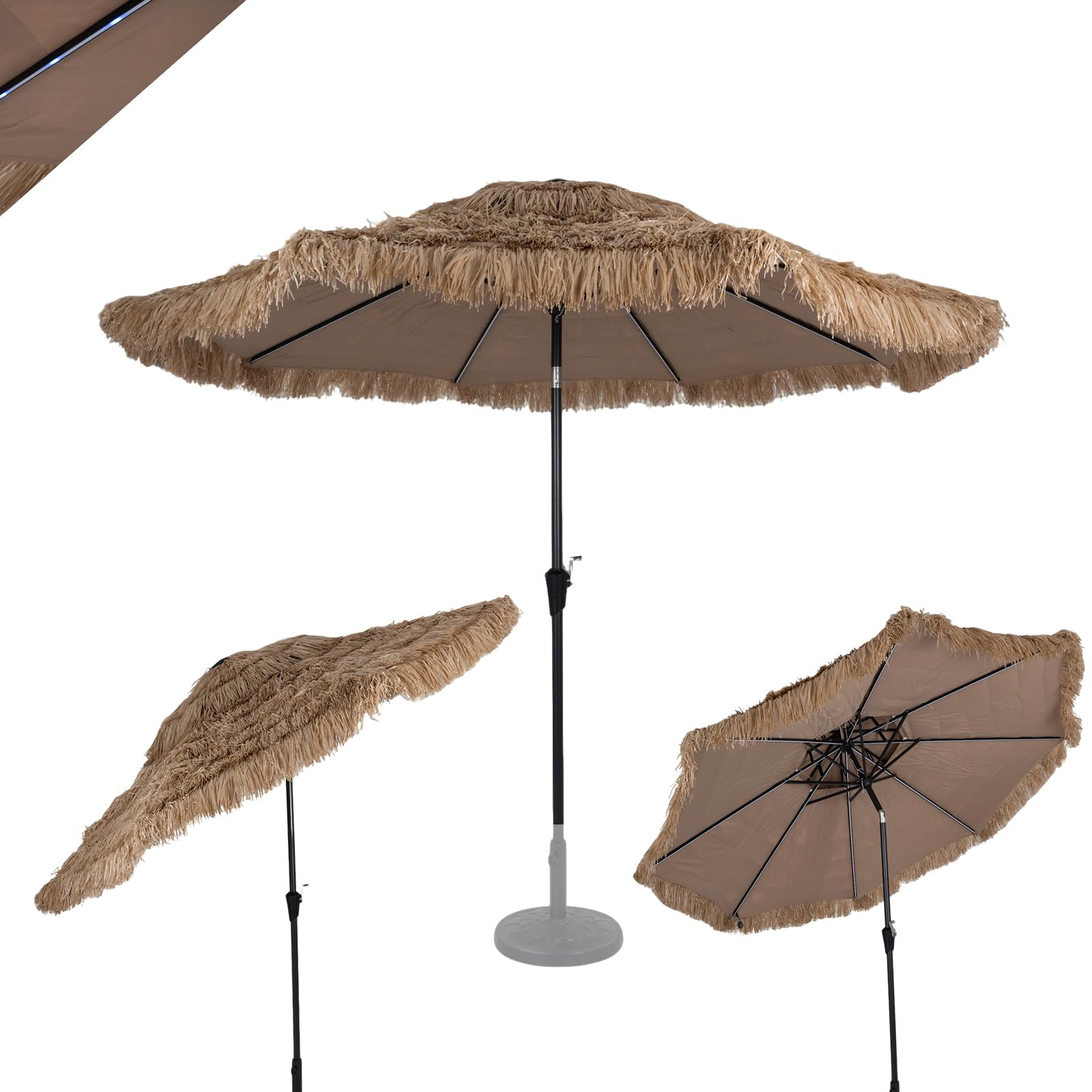 GOPLUS 312 cm Sombrilla de Playa de Paja PE con Luz Solar Ajustable | Sombrilla Terraza Exterior con Panel Solar, Varillas Metálicas, Inclinación, Estilo Hawaiano Tropical, Parasol para Jardín