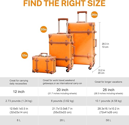 Miniatura 6 de urecity Juego de 2 maletas vintage, maleta retro con ruedas para hombres y mujeres, lindo juego de equipaje de viaje de diseñador con bolsa