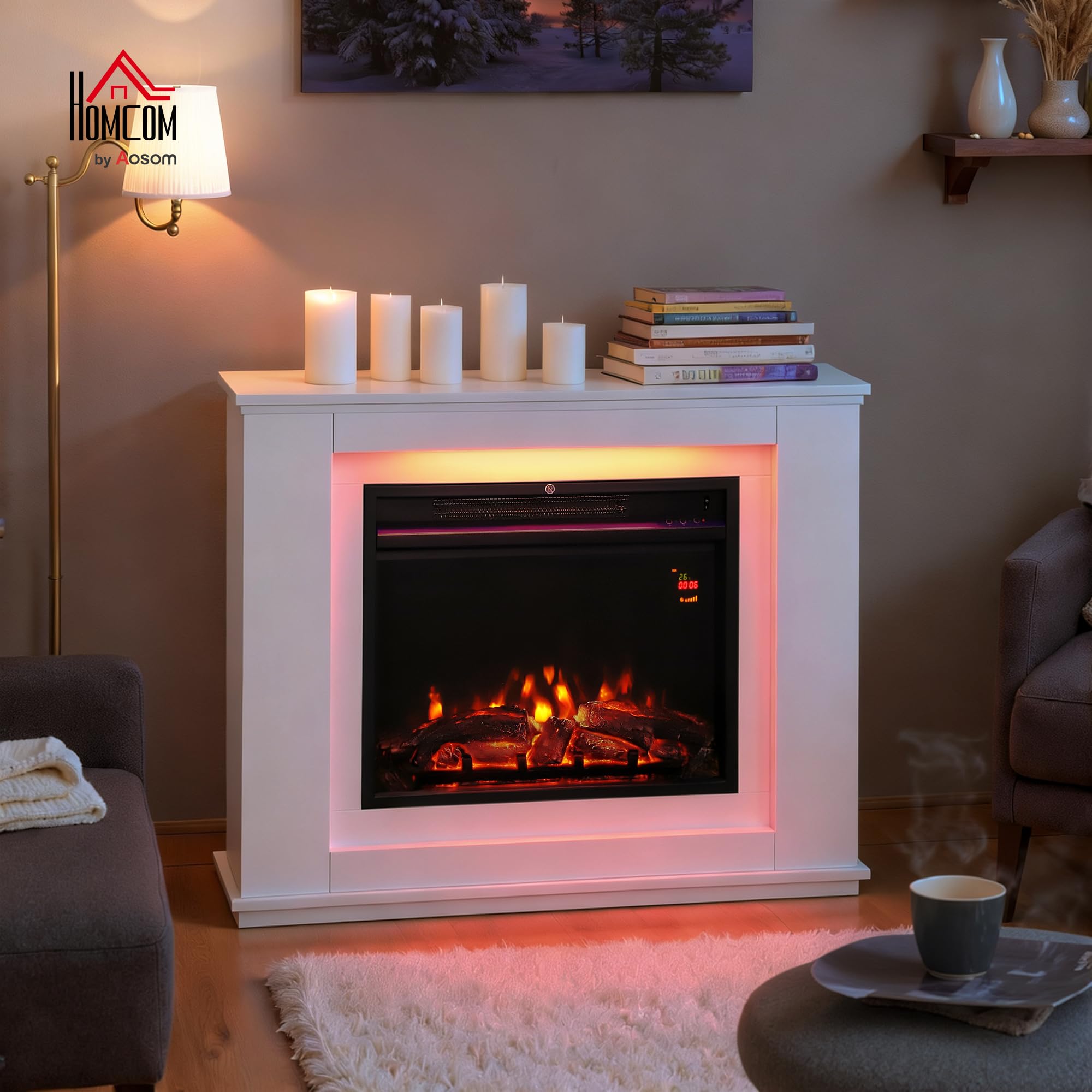 HOMCOM Camino Elettrico da Incasso Effetto Fiamma 3D 2000W 30㎡ Bianco | Realistico, Caminetto Elettrico Silenzioso, Luce 12 Colori, Termostato, Riscaldamento Regolabile, Timer, Telecomando