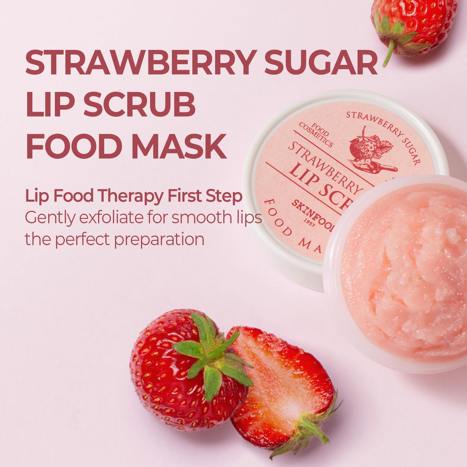 SKINFOOD - Mascarilla exfoliante labial de azúcar y fresa, cuidado de los labios, producto hidratante coreano para labios suaves y lisos, nutrición profunda, exfoliante de azúcar suave vegano (0.71 2
